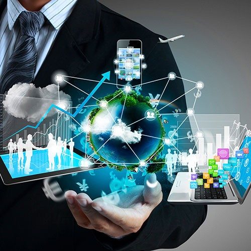 man-with-technology-icons-floating-above-his-hand-gm175861511